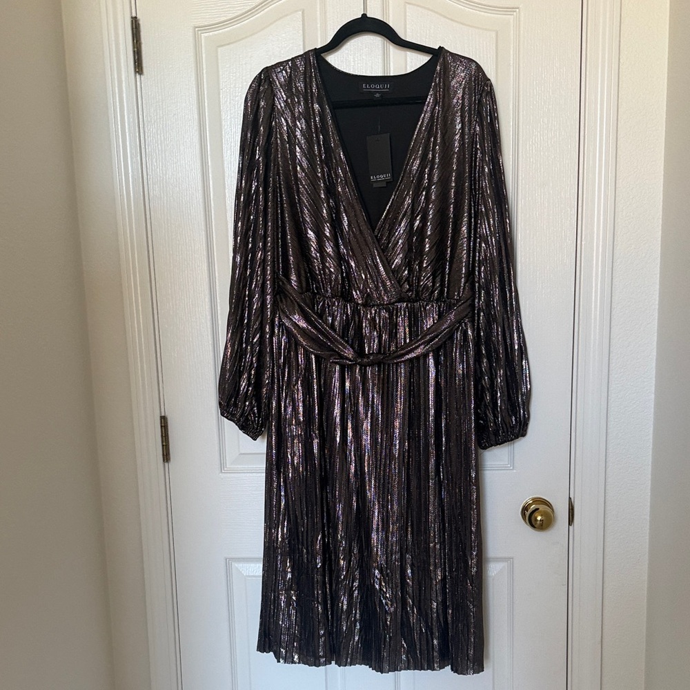 Eloquii Metallic Pleated Long Sleeve Wrap Dress — Iridescent Brown
